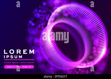 Purple abstract 3D ring background with glowing particle circle, bokeh lights, futuristic tech banner template design. Stock Vector