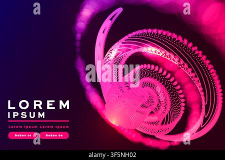 Pink particle vortex swirl banner, glowing spiral dot wave pattern on dark background, futuristic tech template with buttons for business. Stock Vector