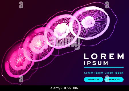 Pink-purple particle burst circles banner, glowing radial explosion chain pattern on dark background, futuristic tech template with buttons. Stock Vector
