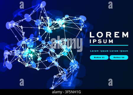 Blue molecular network banner, glowing node connection web plexus pattern on dark background, futuristic tech template with buttons. Stock Vector