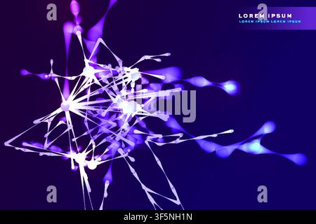 Abstract glowing molecular network background, purple-blue splash node connection pattern on dark, futuristic science tech vector template. Stock Vector