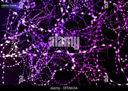 Abstract purple neural network background, glowing dotted node connection web pattern on dark, futuristic science tech vector template. Stock Vector
