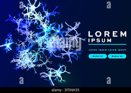 Glowing blue neuron network banner, branching cell structure on dark background, futuristic science tech template with buttons for business. Stock Vector