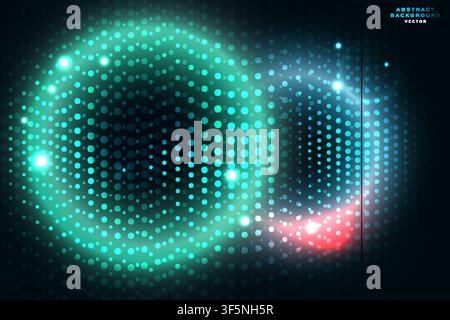 Abstract dotted circle vortex background, glowing green-blue-red halftone dots pattern on dark, futuristic tech vector design template. Stock Vector