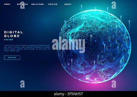 Digital globe website banner, glowing teal-blue-pink topographic sphere with contour lines on dark background, futuristic tech landing template. Stock Vector