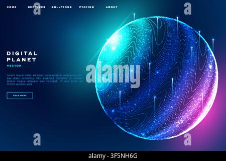 Digital planet website banner, glowing blue-teal-pink topographic sphere with contour lines on dark background, futuristic tech landing template. Stock Vector