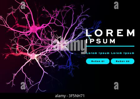 Glowing neuron network banner, pink-purple-blue branching cell structure on black background, futuristic science tech template with buttons. Stock Vector