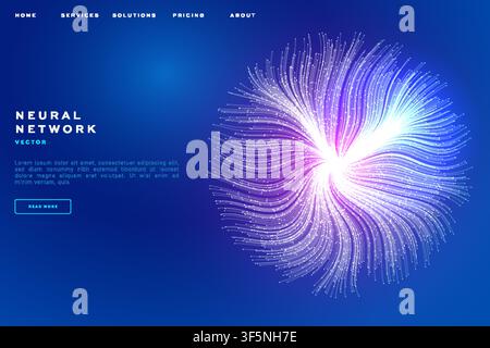 Neural network website banner, glowing blue-purple particle swirl burst on blue background, futuristic AI tech landing page template. Stock Vector