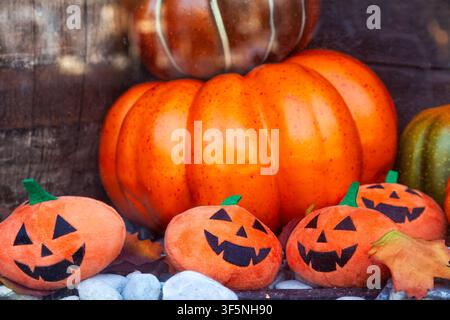 Bright orange pumpkins with small plush jack o lantern toys arranged on stones for autumn holiday decoration Stock Photo