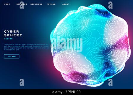 Cyber sphere website banner, glowing teal-pink topographic globe with contour lines on dark blue, futuristic tech landing page template design. Stock Vector