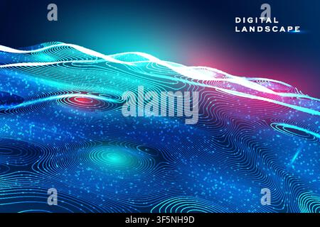 Digital landscape banner, glowing blue-teal-pink topographic contour terrain with light particles, futuristic tech vector background design. Stock Vector