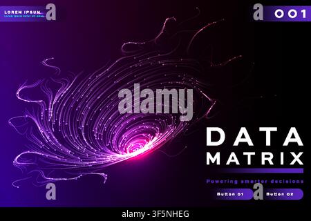 Glowing purple vortex swirl banner, spiral data flow lines with light burst on dark background, futuristic tech template with buttons for business. Stock Vector