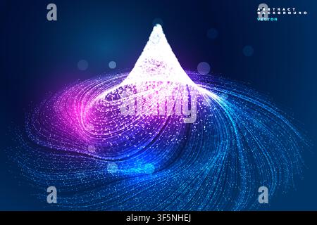 Glowing blue-purple particle swirl mountain, luminous energy wave with light burst on dark background, futuristic abstract vector design. Stock Vector