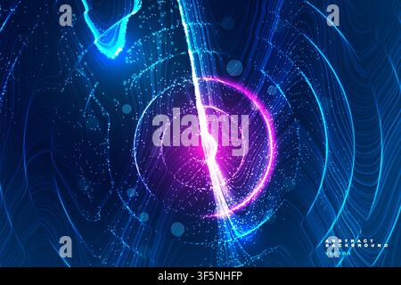 Blue-pink energy beam abstract background, glowing ripple circles and light streak on dark digital texture, futuristic vector tech design. Stock Vector