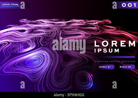 Purple-pink topographic swirl terrain banner, glowing contour line pattern on dark background, futuristic template with buttons for business. Stock Vector