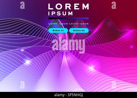 Wireframe wave tunnel banner, blue-purple-pink gradient flowing line pattern with light flares, futuristic template with buttons for presentations. Stock Vector