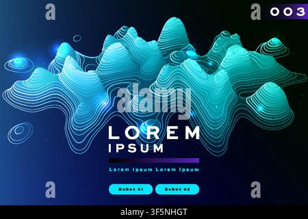 Blue-green topographic mountain wave banner, glowing contour line 3D terrain on dark background, futuristic template with buttons for business. Stock Vector