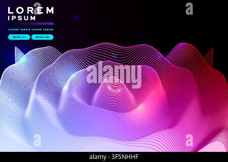 Abstract wireframe hill wave banner, blue-purple-pink gradient flowing line terrain on black, futuristic template with buttons for business designs. Stock Vector
