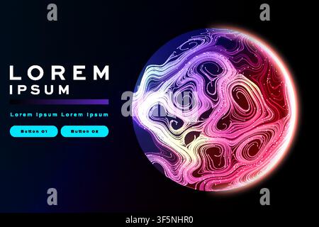 Glowing marbled sphere with swirling topographic pattern, purple-pink-white planet banner template with buttons for tech and business designs. Stock Vector