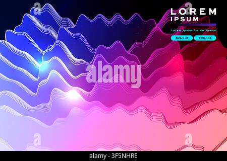 Wavy line terrain banner, blue-purple-pink gradient abstract mountain wave pattern with light flares, futuristic template with buttons for business. Stock Vector