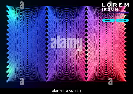 Geometric wireframe zigzag pattern banner, blue-purple-pink gradient triangle mesh on black, futuristic tech template with buttons for presentations. Stock Vector