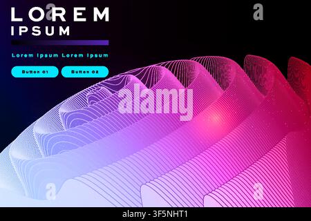 Flowing wireframe wave layers banner, blue-purple-pink gradient abstract line pattern on black, futuristic template with buttons for presentations. Stock Vector