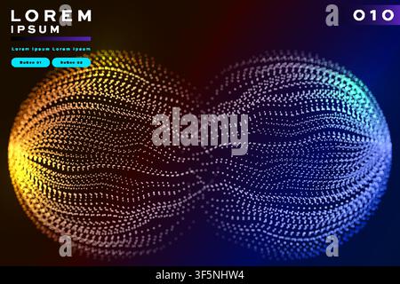 Infinity-shaped particle wave banner, orange-blue gradient dot mesh on black, futuristic tech template with buttons for business and AI designs. Stock Vector