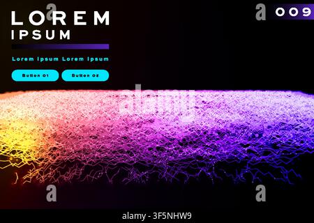 Colorful abstract wireframe mesh landscape banner, orange-purple-blue gradient network texture template with buttons for tech and business designs Stock Vector