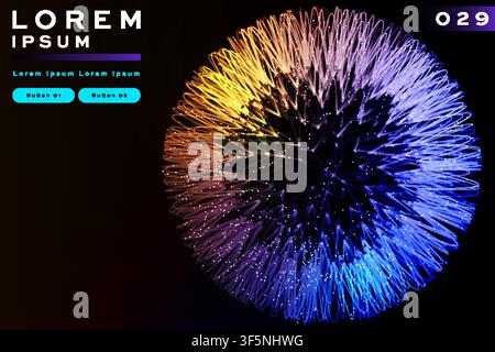 Radiant multicolor particle sphere explosion on black, futuristic gradient burst banner template with buttons for tech and science presentations. Stock Vector