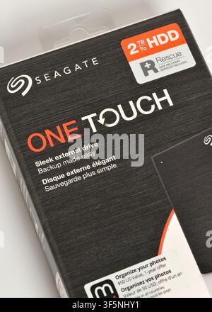 Seagate One Touch 2 TB HDD external drive box packaging Stock Photo