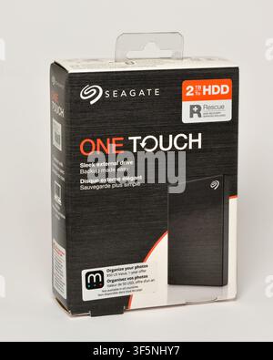 Seagate One Touch 2 TB HDD external drive box packaging on white Stock Photo