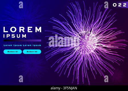 Abstract particle explosion background with purple glowing firework burst pattern, futuristic banner template design Stock Vector