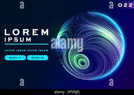 Abstract 3D sphere background with blue green glowing swirl line pattern, futuristic planet banner template design Stock Vector
