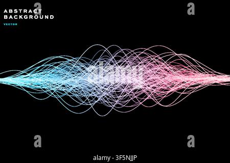 Abstract sound wave background with blue pink glowing curved line pattern, futuristic frequency banner template. Stock Vector