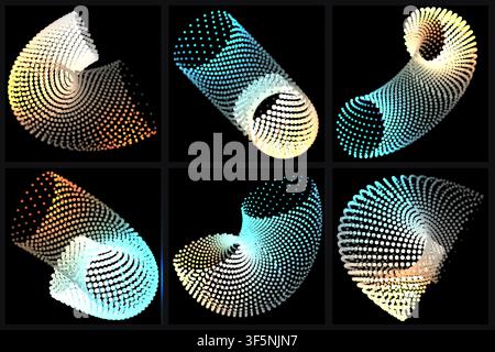 3D dotted torus shapes set with colorful particle spiral design, abstract geometric icon collection template Stock Vector
