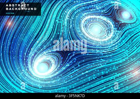 Abstract blue topographic vortex background with glowing contour swirl pattern, futuristic banner template design Stock Vector