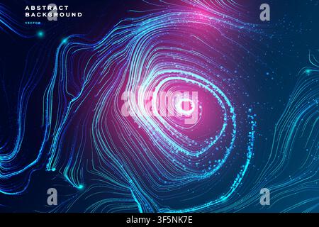Abstract topographic vortex background with pink blue glowing contour swirl, futuristic banner template design Stock Vector
