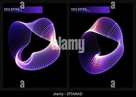 Data matrix poster set with purple dotted torus design, 3D particle sphere, digital technology cover template. Stock Vector