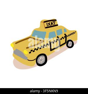 Hand drawn flat vector illustration of a yellow taxi cab on a white background. Stock Vector