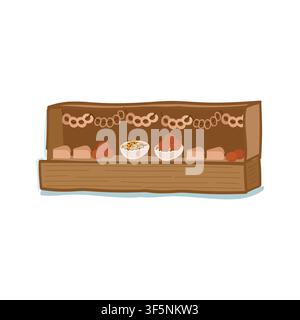 Hand drawn flat vector illustration of a wooden food market stall on a white background. Stock Vector