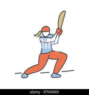 Hand drawn flat vector illustration of a softball player batting on a white background. Stock Vector
