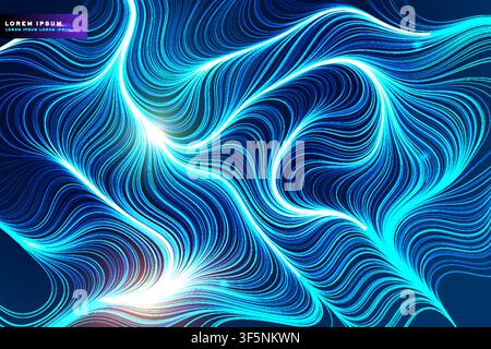 Abstract blue wave background with glowing curved line pattern, futuristic flow banner template design Stock Vector