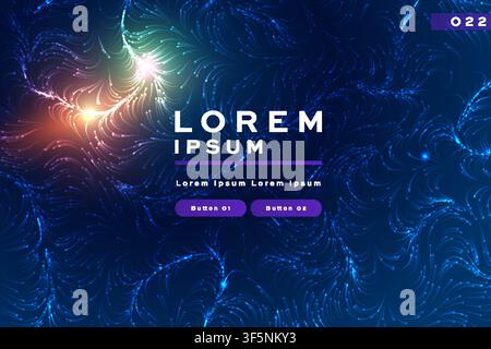 Abstract blue fractal background with glowing feather branch pattern, futuristic digital banner template design Stock Vector