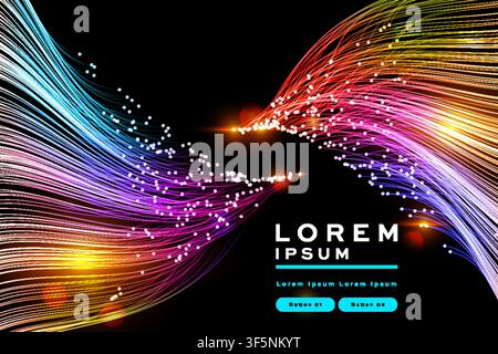 Abstract rainbow wave background with colorful glowing fiber optic lines, futuristic banner template design Stock Vector