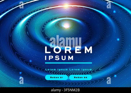 Abstract blue vortex background with glowing spiral ring pattern, futuristic galaxy banner template design Stock Vector