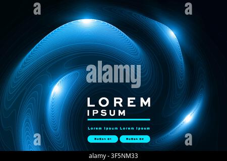 Abstract blue swirl background with glowing wavy line pattern, futuristic vortex banner template design Stock Vector