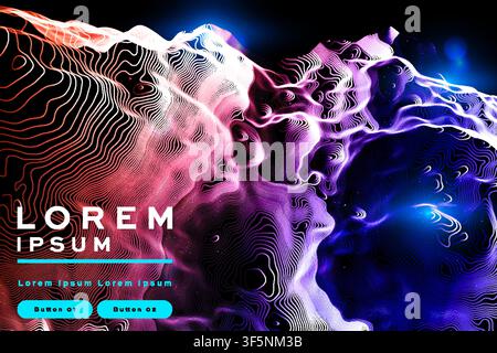 Abstract topographic background with pink blue glowing contour line pattern, futuristic banner template design Stock Vector