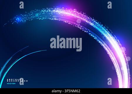 Abstract light curve background with blue pink glowing particle streak, futuristic comet banner template design. Stock Vector