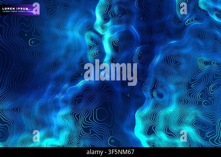 Abstract blue topographic background with glowing contour line pattern, futuristic ocean map banner template design Stock Vector