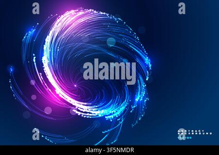 Abstract galaxy spiral background with blue purple glowing fiber optic swirl, futuristic vortex banner template. Stock Vector